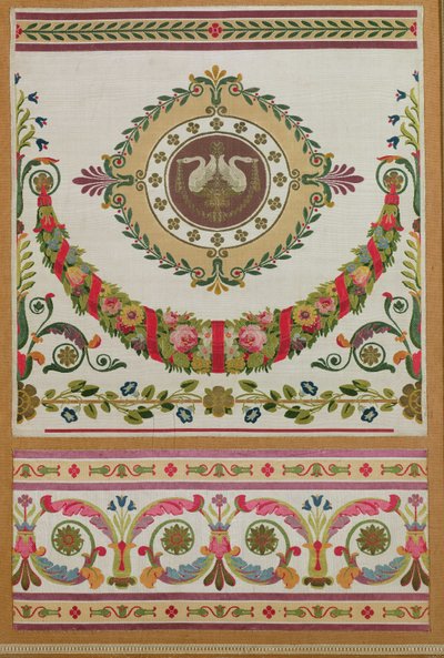 Panel of silk with a garland of flowers and swans from Pernon, Lyons by French School